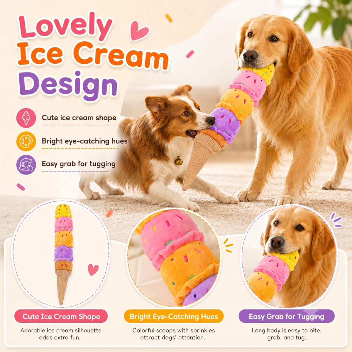 Rainbow Ice Cream Squeaky Plush Dog Tug Toy