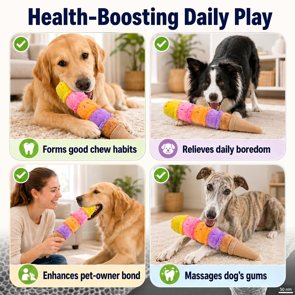 Rainbow Ice Cream Squeaky Plush Dog Tug Toy