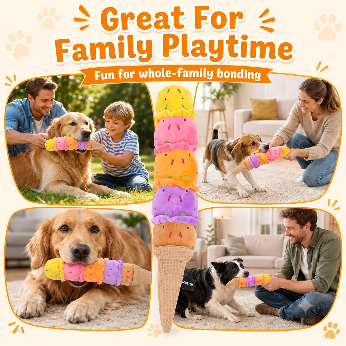 Rainbow Ice Cream Squeaky Plush Dog Tug Toy