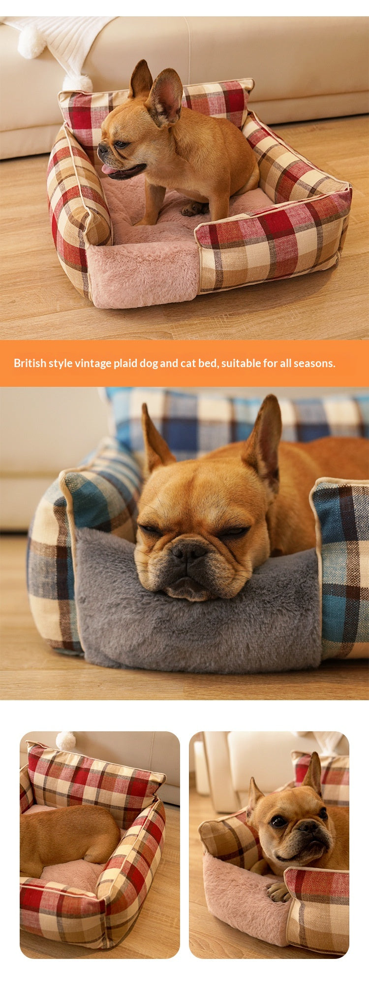 Retro Plaid Washable Chew-Resistant All-Season Pet Bed