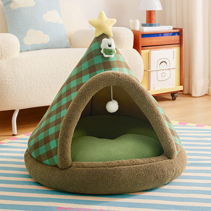 Four-Season Christmas Enclosed Cat Bed Cozy Secure House