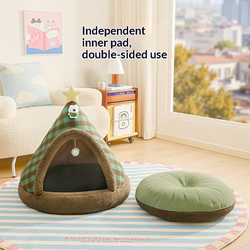 Four-Season Christmas Enclosed Cat Bed Cozy Secure House