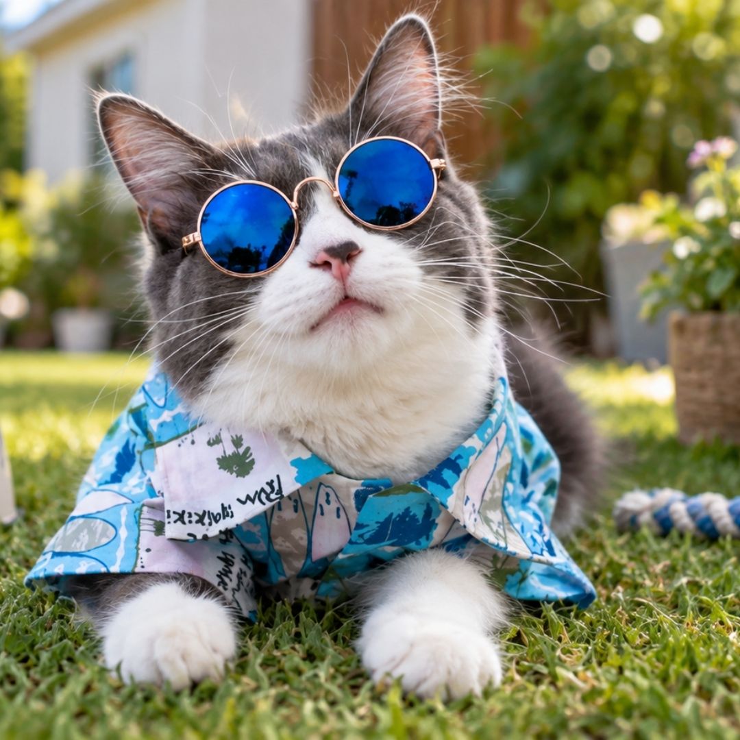 A gray and white cat lying on green grass outdoors, wearing round blue mirrored sunglasses and a blue tropical print shirt.