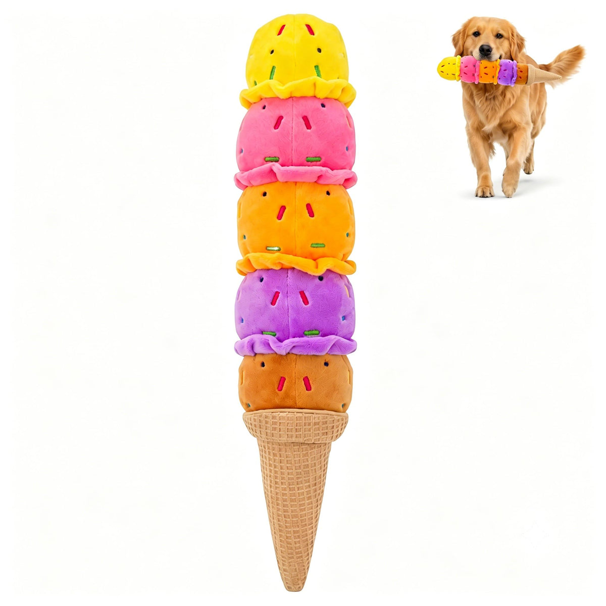 Rainbow Ice Cream Squeaky Plush Dog Tug Toy