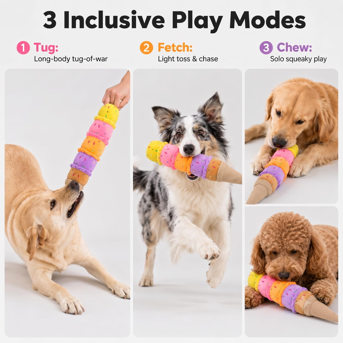 Rainbow Ice Cream Squeaky Plush Dog Tug Toy
