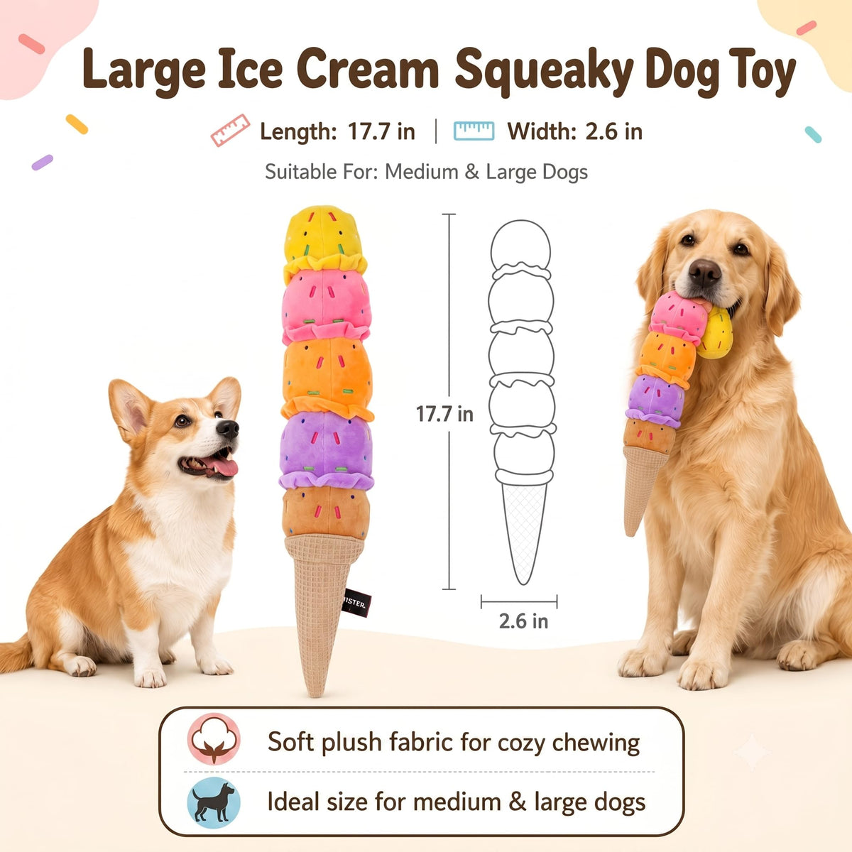 Rainbow Ice Cream Squeaky Plush Dog Tug Toy