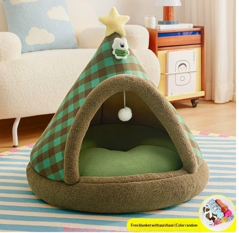 Four-Season Christmas Enclosed Cat Bed Cozy Secure House